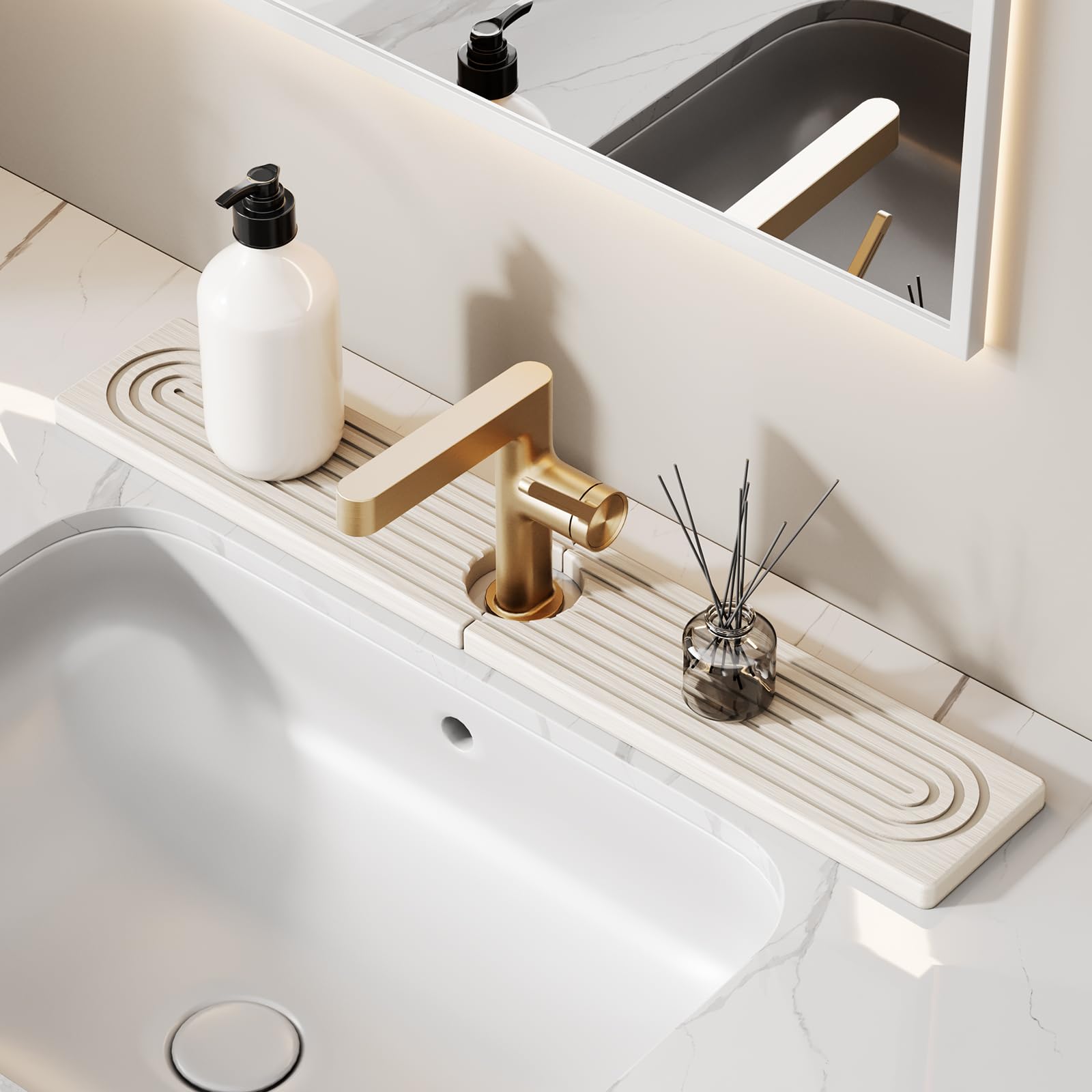 Photo 1 of 23.6 Inch Stone Faucet Mat for Kitchen Sink Splash Guard - Diatomite Quick Dry Stone Mat Kitchen Sink Protectors, Water-Absorbent Faucet Handle Drip Tray(White, 23.6" x 3.9")