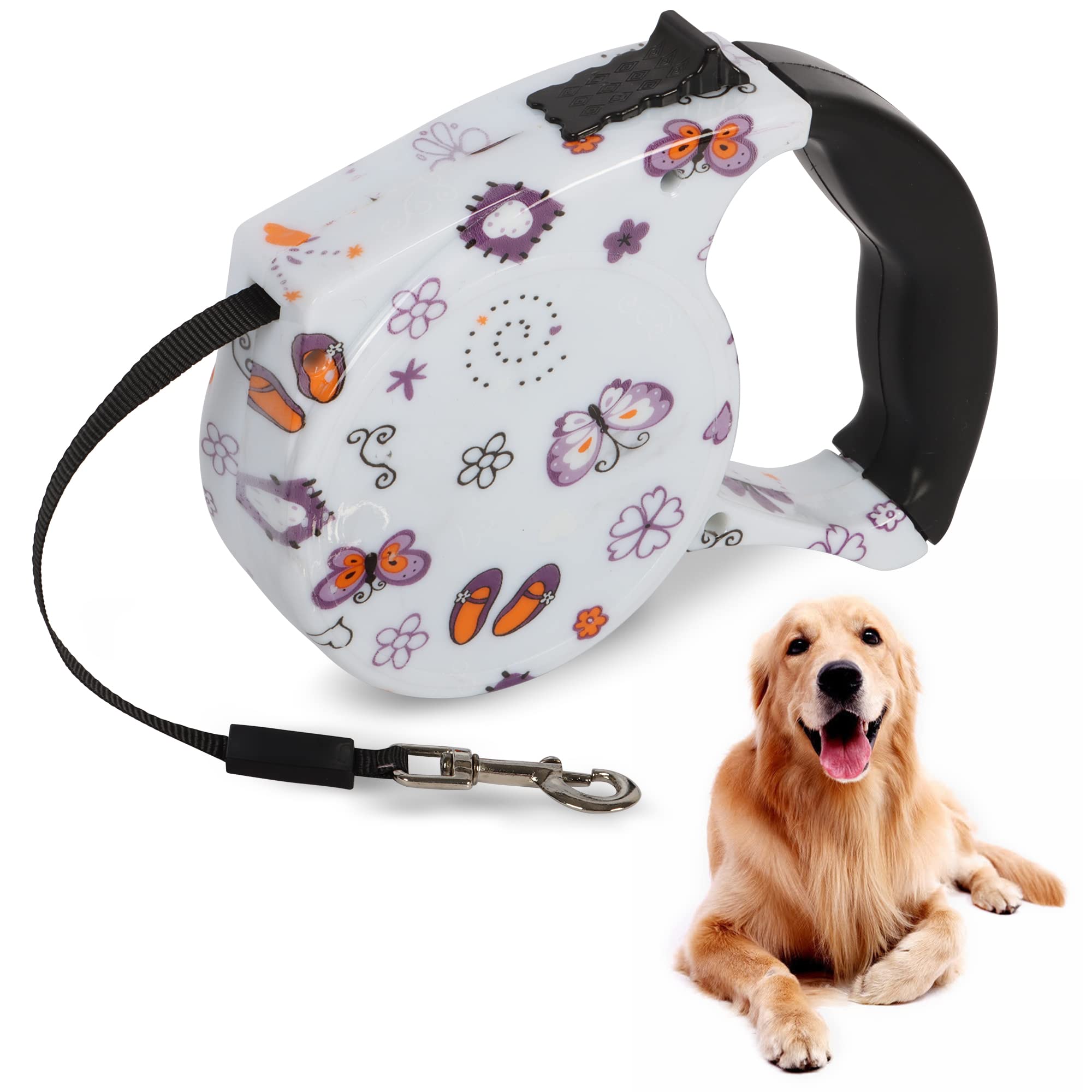 Beaface Retractable Dog Lead Extendable 16ft/5M, Retractable Dog Leads for Small Medium Dogs Up to 25KG, Extendable Dog Leads with Anti-Slip Handle, Anti-Tangled Strong Nylon Tape (Butterfly Flowers)
