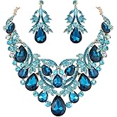 BriLove Women's Bohemian Boho Crystal Teardrop Filigree Leaf Hollow Statement Necklace Dangle Earrings Set
