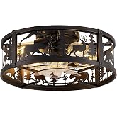 Rustic Farmhouse Caged Ceiling Fan with Light, Bear &amp; Deer Fandelier Cabin | Flush Mount Low Profile Ceiling Fans with Lights and Remote, 6 speeds, Woodland Theme for Bedroom, Kitchen, Kids Room, Cabin