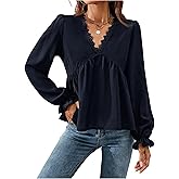 SOLY HUX Women's Lace Peplum Tops V Neck Flounce Long Sleeve Ruffle Hem Babydoll Casual Blouse