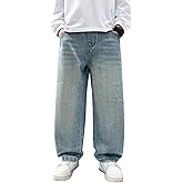 Boys Straight Leg Baggy Jeans Kids Boys Elastic Waist Casual Loose Pull On Denim Pants with Pockets 5-14 Years