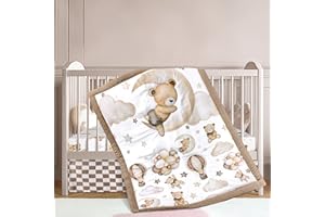 Hahafelt 3 Pcs Baby Crib Bedding Set Safari Animals Dinosaurs Bear Woodland Animals Jungle Crib Set Includes Quilt, Fitted Sheet, Skirt for Baby Boy Girl(Brown,Teddy Bear)