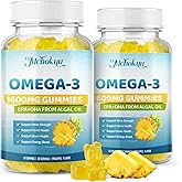 Vegan Omega-3 Gummies 1600mg EPA & DHA from Algal Oil, Fish Oil Alternative for Adults & Kids, Omega 3 Supplement with Vitamin D3 K2 for Brain, Eye & Immune Health Sugar Free Pineapple, 120 Count