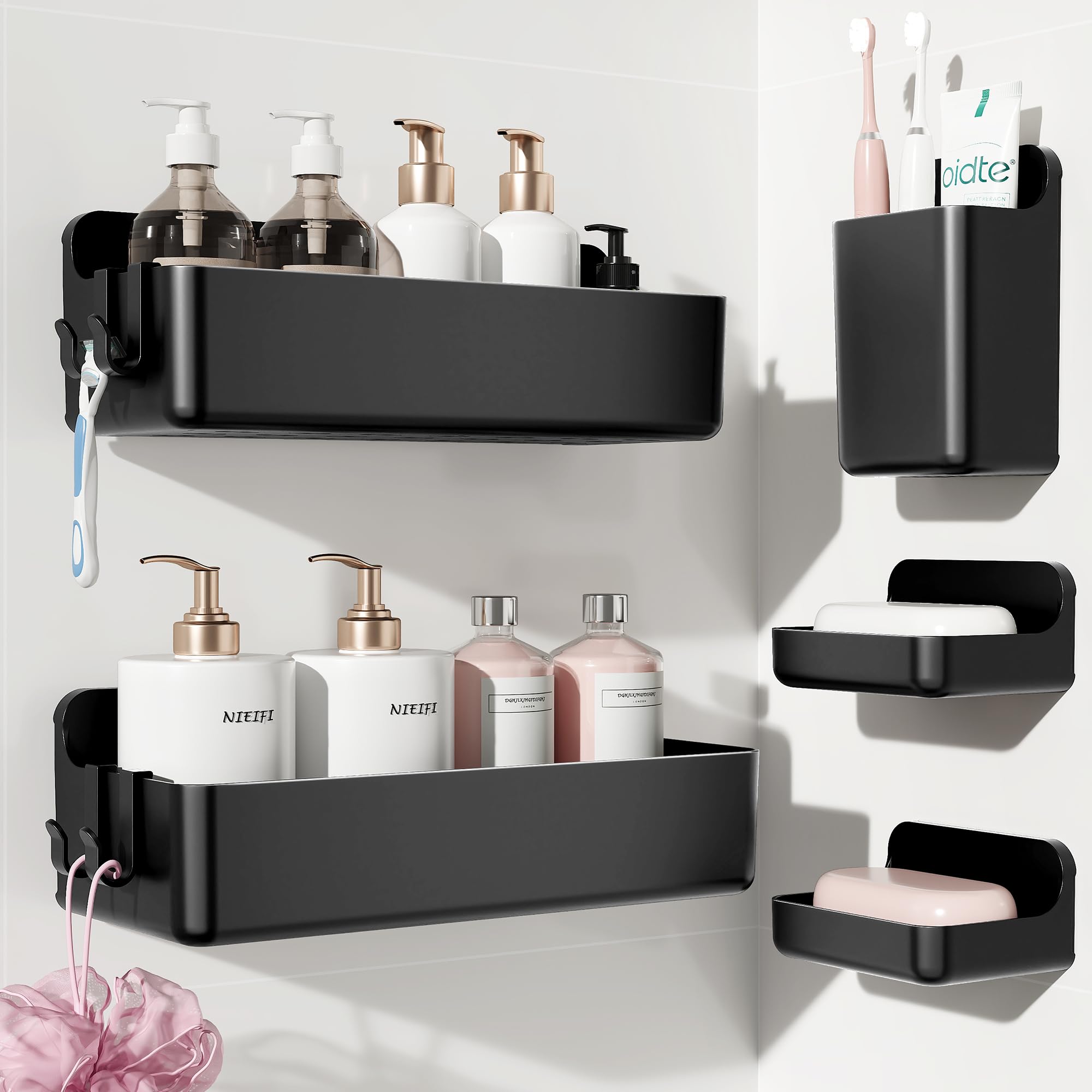Photo 1 of Nieifi Shower Sheves 5 Pack, Adhesive Shower Wall Shelf Organizer for Bathroom Organization, Black