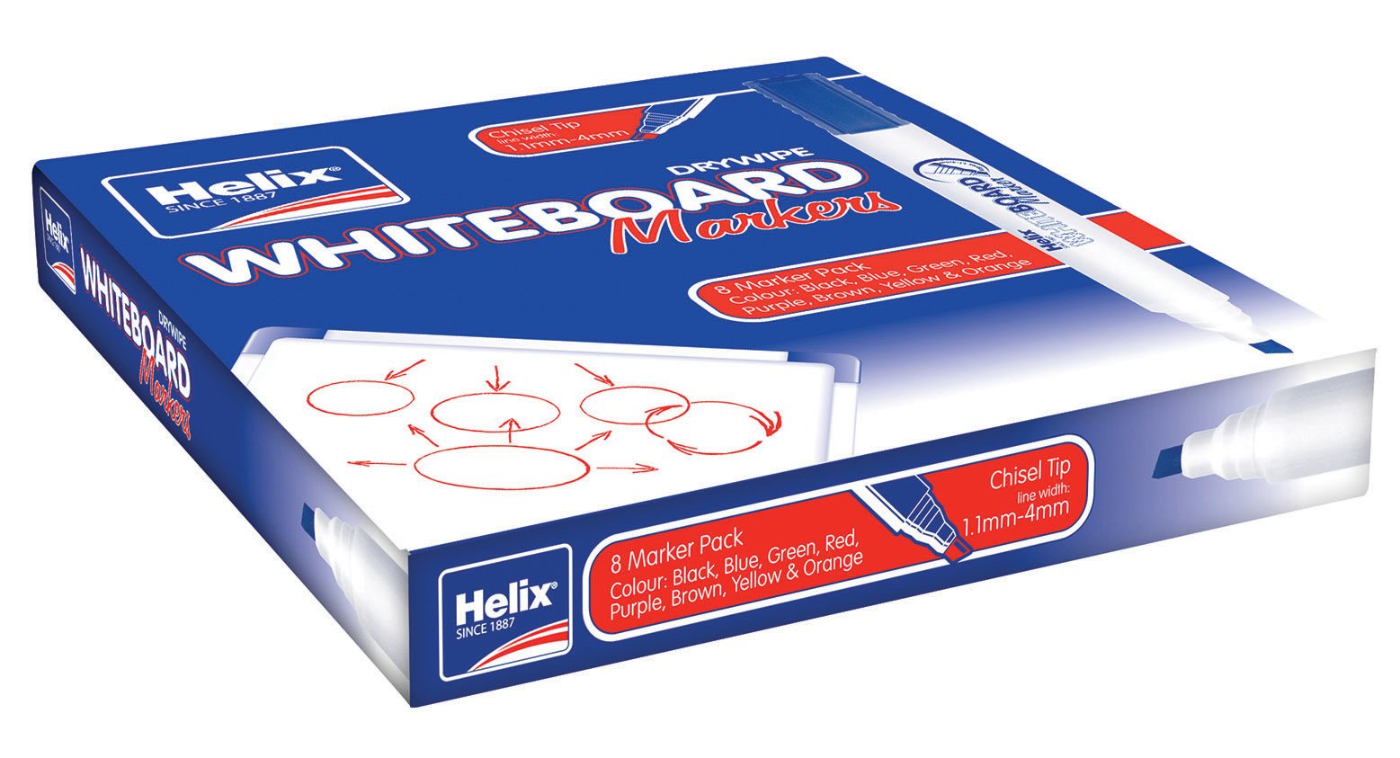 Helix Whiteboard Dry Wipe Marker Pens Chisel Tip x8 (Assorted) — image 1