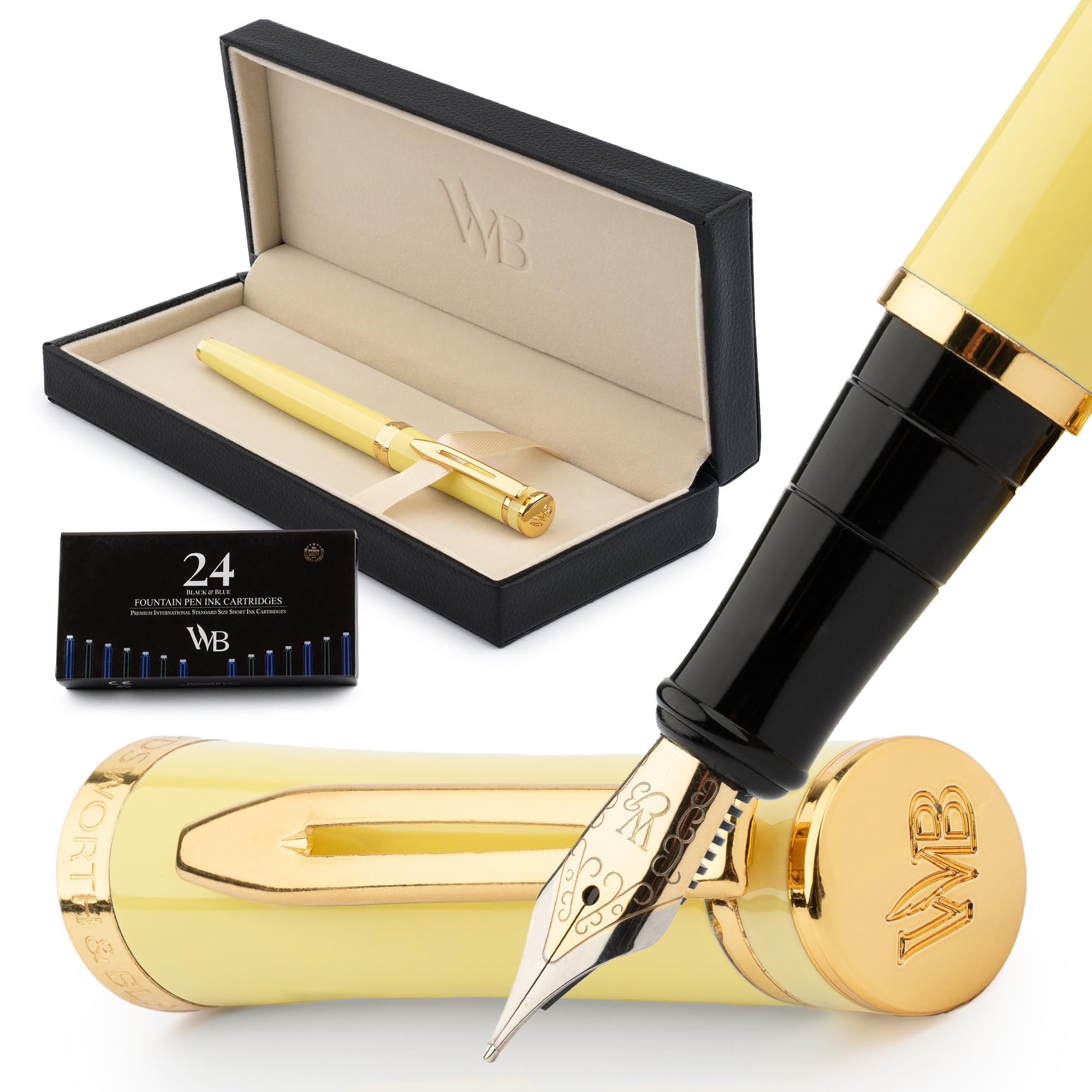 Wordsworth & Black Fountain Pen Set, 18K Gilded Medium Nib, Includes 24 Pack Ink Cartridges, Ink Refill Converter & Gift Box, Gold Finish, Calligraphy, [Yellow], Perfect for Men & Women — image 1