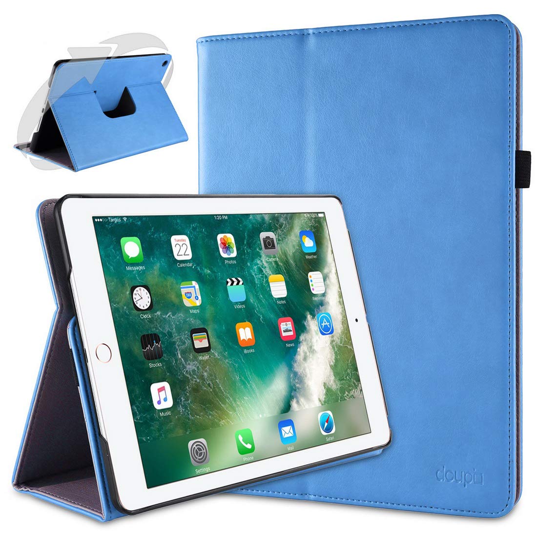 doupi Smart Flip Cover for iPad Pro (9.7 inch), Deluxe Protective Case with Sleep/Wake Function 360 Degree Rotatable Stand Screen Protector, Blue — image 1