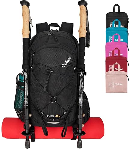 Amazon.com : Goloni 45L Hiking Backpack Lightweight Foldable, Waterproof  Camping Backpack with Rain Cover & Hiking Pole Mat Carrying System,  Ergonomic Water Resistant Daypack for Trekking Travel Men Women,Black :  Sports &