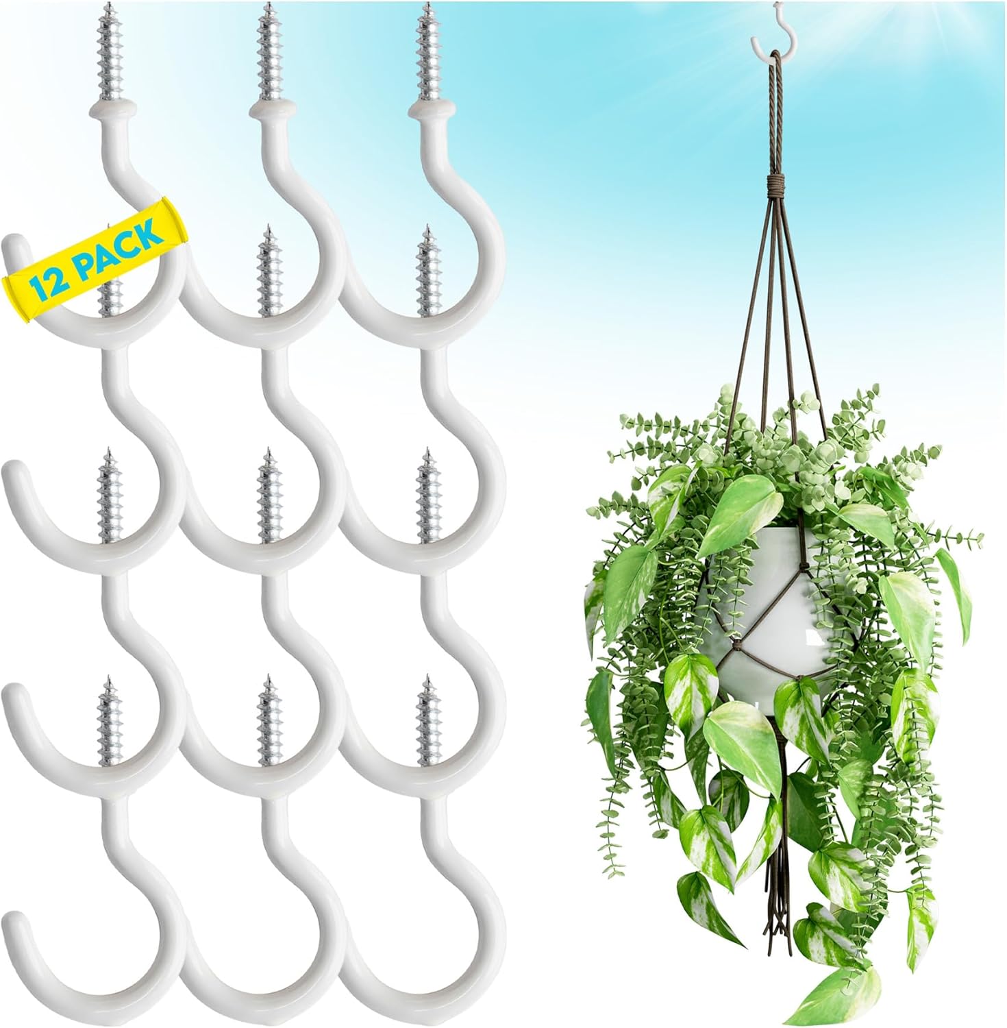 Outdoor Hanging Brackets - Vinyl Coated Ceiling Hook, Pack of 12, White, for Cups, Mobiles, Wind Chimes, Lanterns and More, Indoor and Outdoor Use, Christmas Light Hooks