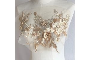 Liveish Flower Fabric Beaded Lace Applique, Embroidered Flower Fabric Patch for Dresses, Bridal Dress, Handmade Sewing Tool for DIY Neckline Bodice Pants(Gold)