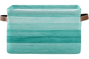 DUSSDIL Turquoise Teal Wood Storage Basket Fabric Basket Boxes Green Wooden Storage Organizer Box Bin Large Collapsible Cube Baskets with PU Handles for Shelf Closet Nursery Laundry Basket 1 Pack