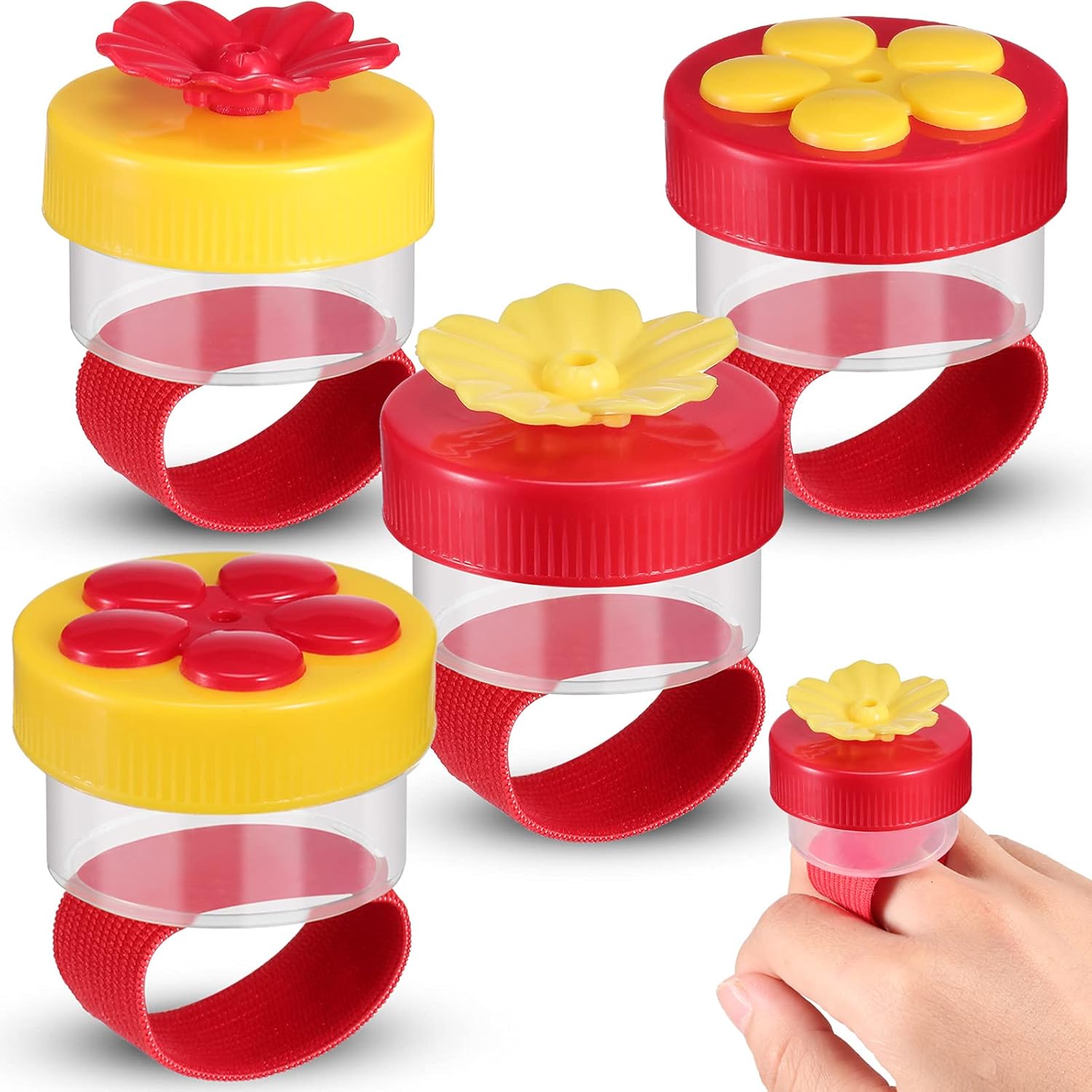 Backyard Birding & Wildlife - Hummingbird Ring Feeder Hummingbird Hand Feeder for Outdoors Flower Hand Held Hummingbird Feeding Tools Mini Hand Feeding Tools Backyard Nature, Red and Yellow (Ring Style,4 Pieces)