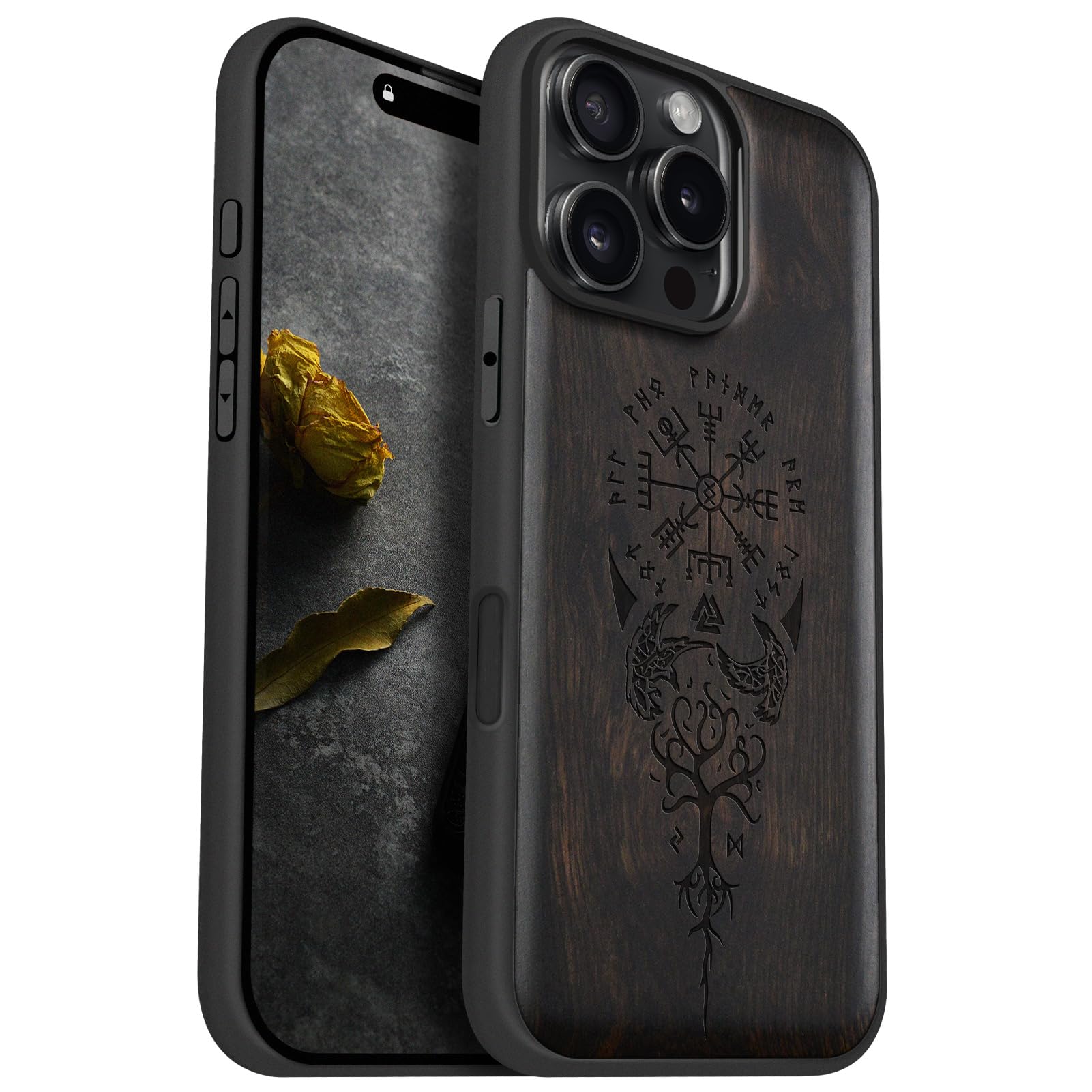 Carveit Magnetic Wood Case for iPhone 16 Pro Max [Solid Wood & Black Soft TPU] Shockproof Protective Cover Unique Wooden Case Compatible with magsafe (The Guiding Vegvisir -Blackwood)