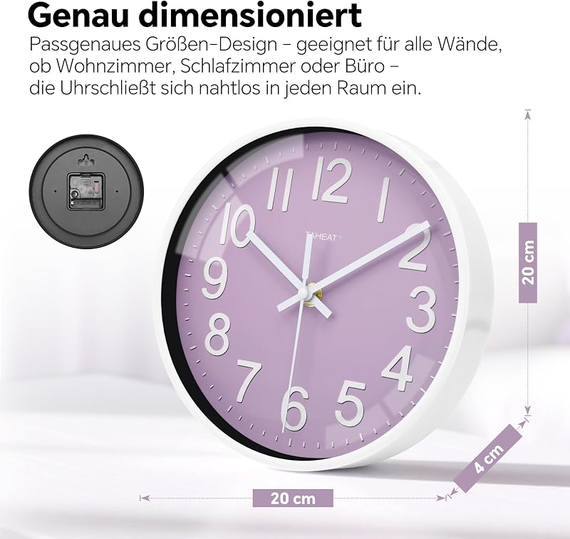 Lila Wanduhr, 20cm kleine geräuscharme batteriebetriebene, Moderne Uhren dekorative für Küche, Wohnzimmer, Schlafzimmer, Badezimmer, Büro — Foto 4 von 7