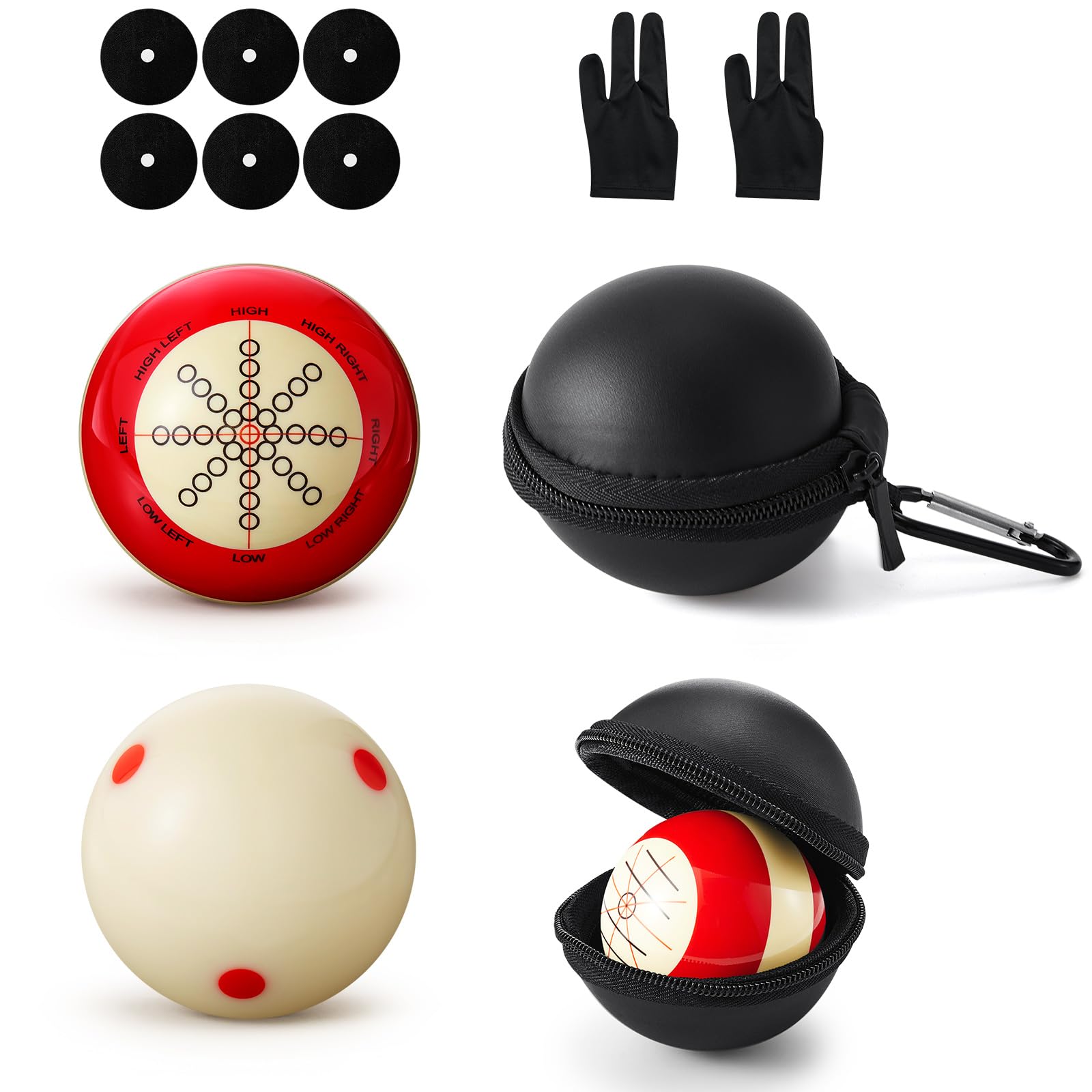 Photo 1 of Foilswirl 2 Pcs Billiards Cue Ball 2-1/4" Pool Cue Practice Training Artifact with Three Finger Billiard Gloves 2 Ball Bag 6 Pool Table Marker Dots for Billiard Table Accessory(Round Case)