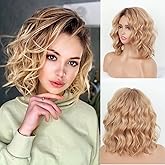 Novastel Ombre Blonde Short Wavy Human Hair Wigs for Women Shoulder Length Curly Bob Wig Capless Lightweight Natural Look for Daily Party Use (Blonde)
