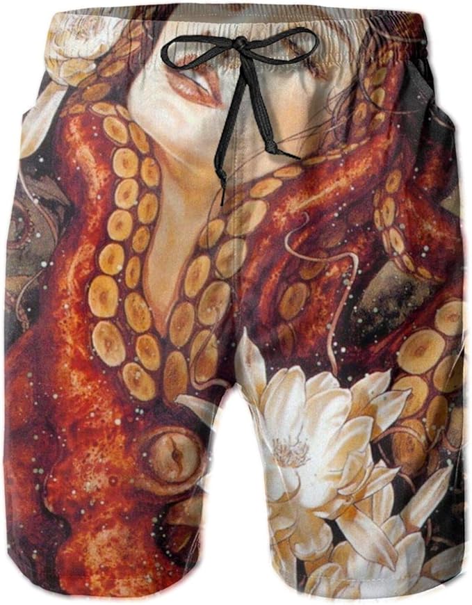 Men's Swim Trunks, Mermaid and Octopus Creature Deep Sea QuickDry Swim