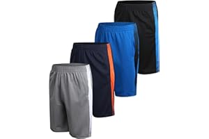 Pro Athlete Boys Basketball Shorts - 4 Pack Athletic Gym Shorts with Elastic Waistband & Zipper Pockets for Workout & Running