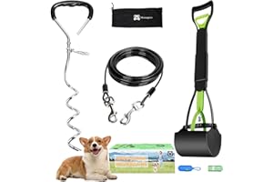 HOMAGICO Pooper Scooper+Dog Tie Out Cable and Stake, 28'' Pooper Scooper for Large Dogs, 30Ft Heavy Duty Cable with Dog Stake for Outside Large Dog Up to 200 Lbs, Use for Grass, Dirt, Sand (Green)