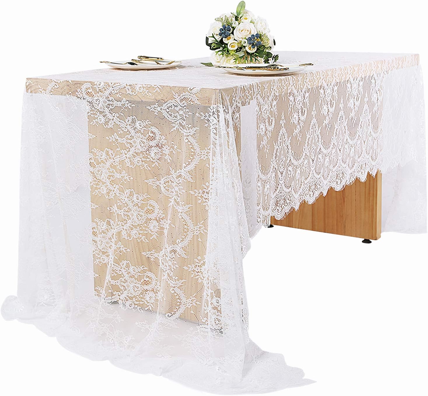 SHERWAY White Lace Tablecloths 60 x 120 Inch, Rustic Wedding Lace Table Runner Overlay Table Cover, Rectangle Vintage Lace Decoration, Bridal Shower Baby Shower Birthday Outdoor Party Table Decor