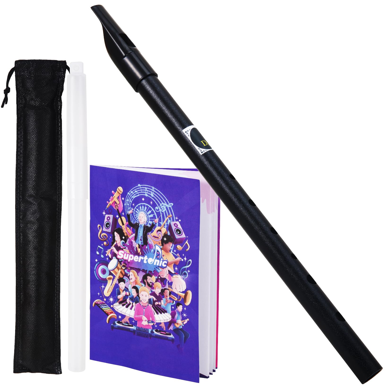 VixxNoxx Irish Tin Whistle in D Key with Music Book & Bag, 6-Hole Traditional Penny Whistle Flute for Adults & Beginners, Brass Wind Instrument for Celtic Folk Music (Black)
