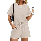 WIHOLL Women's 2 Piece Lounge Sets Short Sleeve T-Shirt and Drawstring Shorts Casual Pajamas Vacation Outfits with Pockets