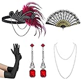 iHUFeather Women 1920s Flapper Set with Headband Beaded Necklaces Earrings Gloves for Vintage Wedding Costume Accessories