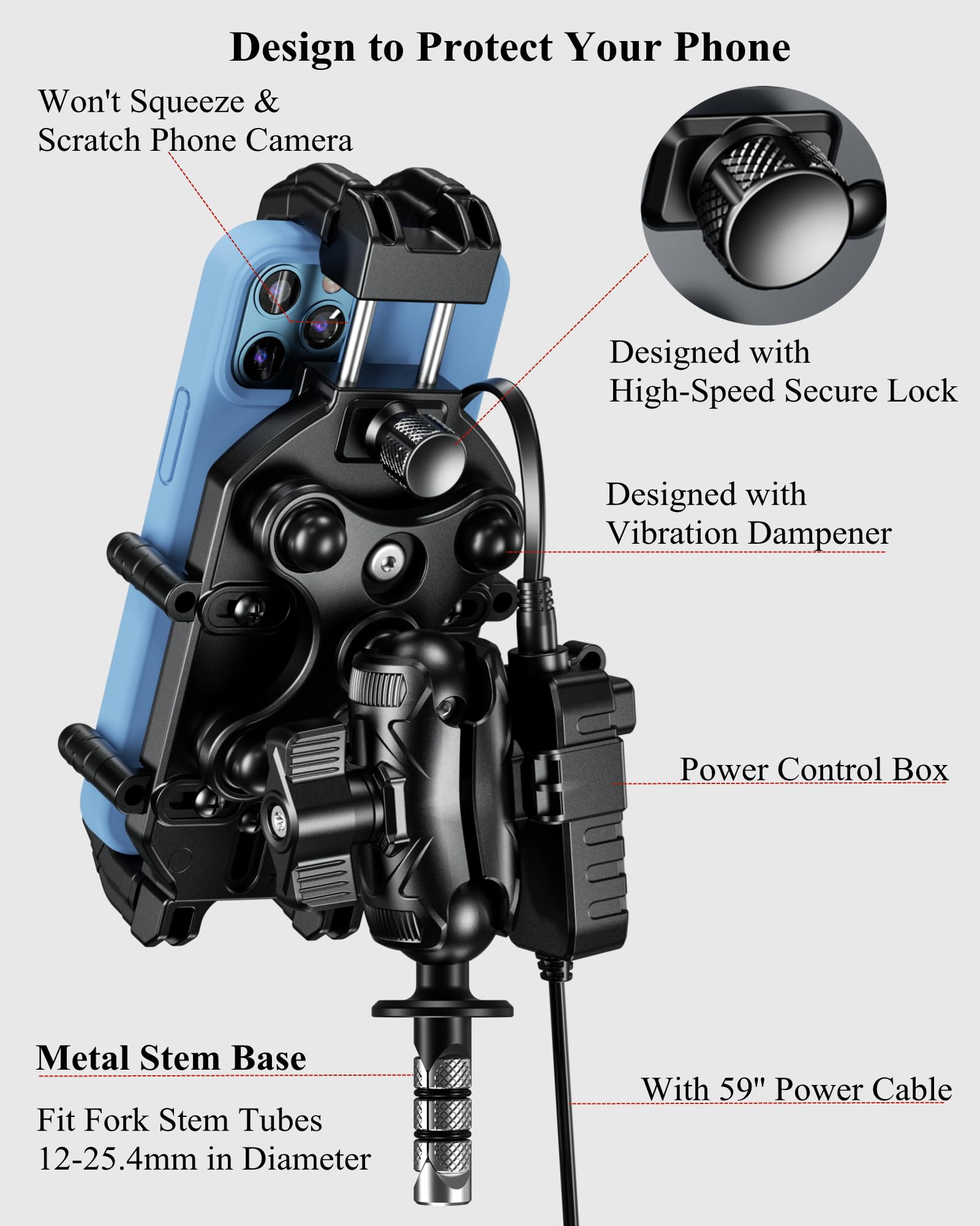 BRCOVAN Motorcycle Fork Stem Phone Mount with Qi 15W Wireless Charger & 36W PD/USB-C Fast Charging Port, Anti-Theft Motorcycle Phone Holder with Vibration Dampener for 5.4''-7.2'' Cellphones