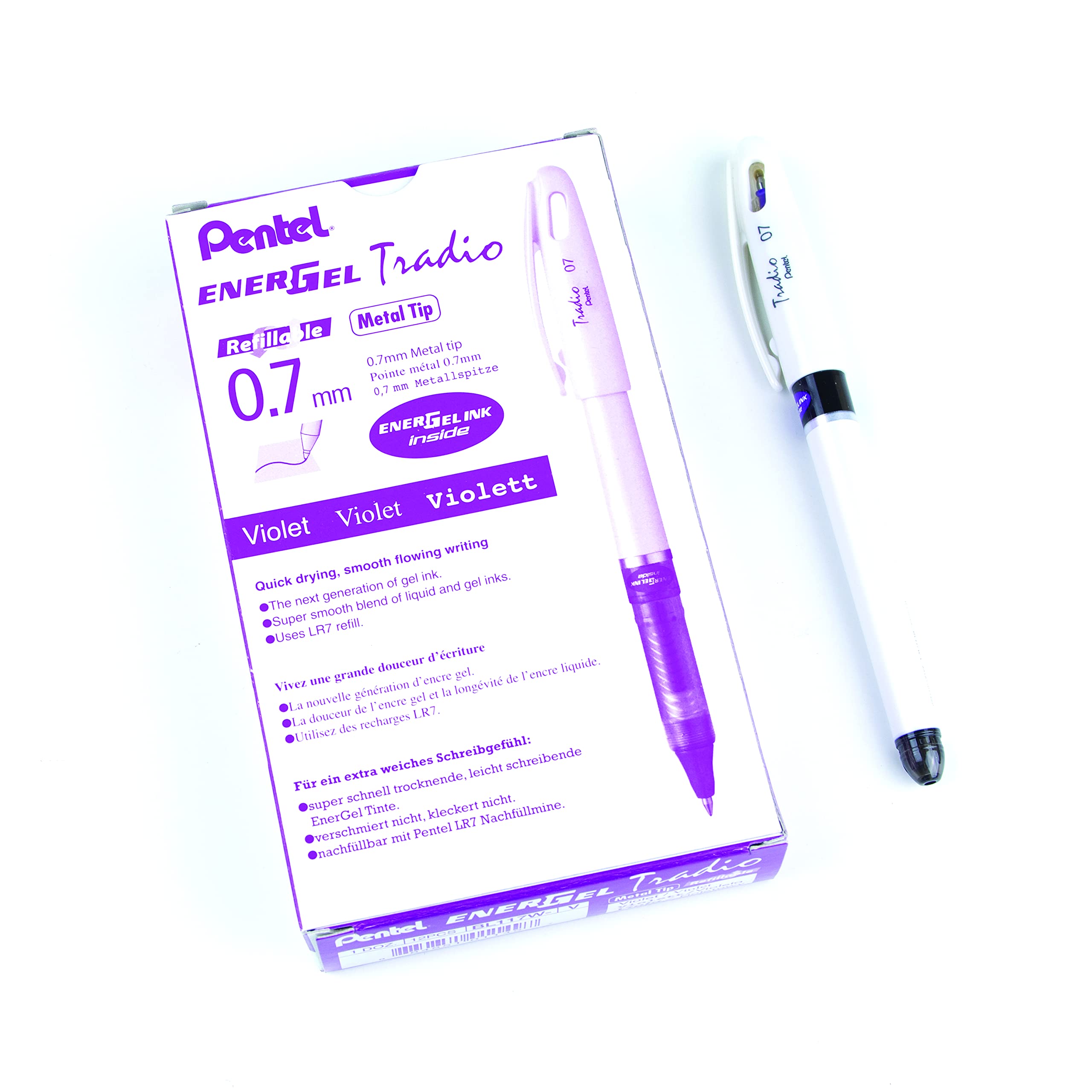 Pentel Energel Tradio Medium Tip Purple Ink Roller Ball Pen - White (Pack of 12)