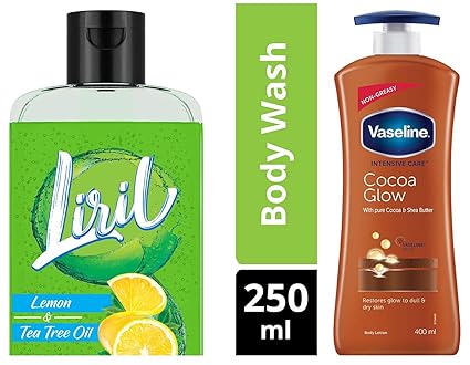 Liril Lemon and Tea Tree Oil Body Wash, 250 ml & Vaseline Intensive Care Cocoa Glow Body Lotion, 400 ml