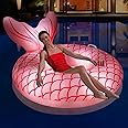Sinbyuer Mermaid Inflatable Pool Float Chair, Solar Powered Pink Pool Float with Lights, Pool Lounger Float with Cup Holder & Handles, Large Beach Floats for Ocean, Pool Raft Water Floats for Adults