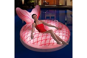 Sinbyuer Mermaid Inflatable Pool Float Chair, Solar Powered Pink Pool Float with Lights, Pool Lounger Float with Cup Holder & Handles, Large Beach Floats for Ocean, Pool Raft Water Floats for Adults