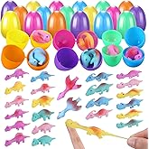 Jenaai 24 Pack Easter Egg Fillers with Slingshot Dinosaur Filled Easter Eggs for Kids Sticky Rubber Dino Flying Catapult Fidget Toys for Boys Girls Goodie Bag Basket Stuffers Valentines Gifts