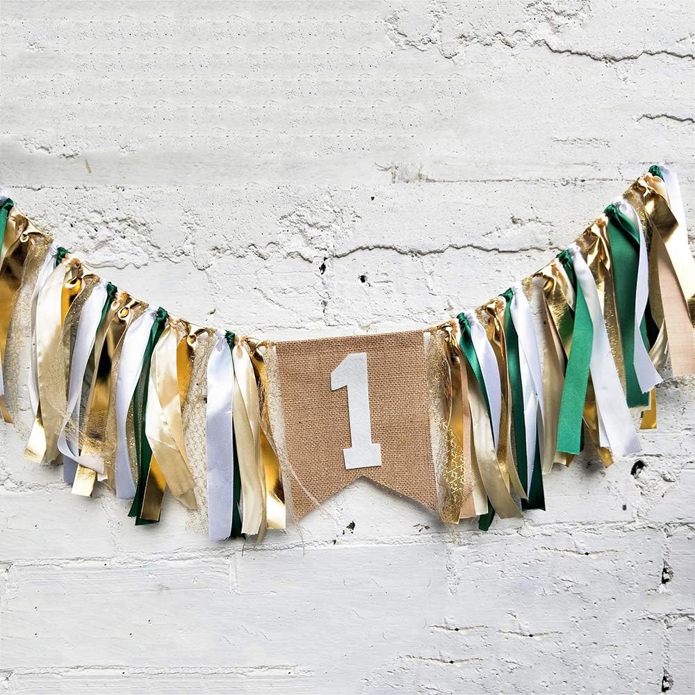 Baby Birthday Decoration - 1st Birthday Baby High Chair Banner Chair Tutu Skirt Decoration for Birthday Party Supplies (Gold&Green)