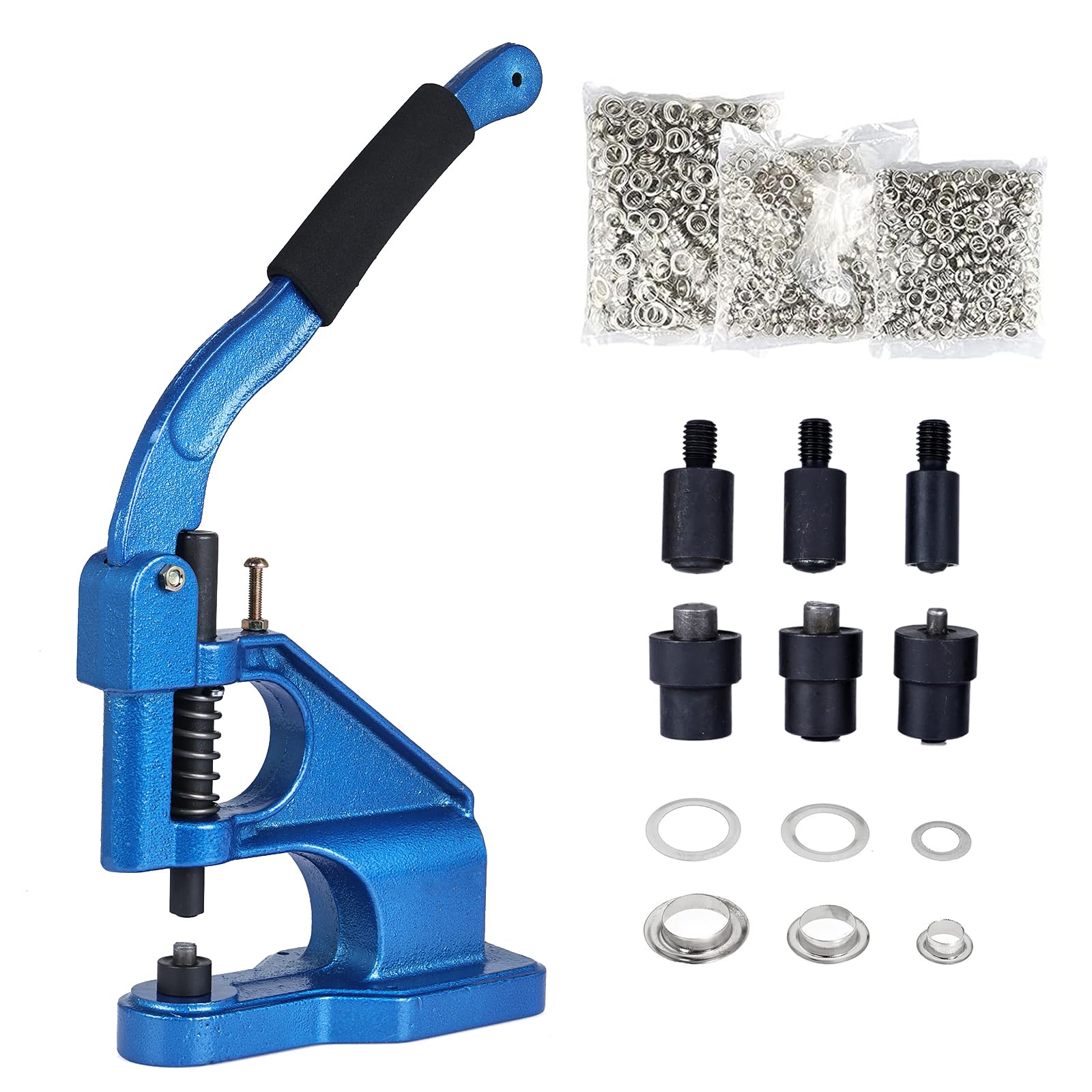 FreeTec Eyelet Punch Kit, 6/10/12mm Eyelet Press Machine, Heavy Duty Grommet Press Machine Eyelet Machine with 3 Dies and 1500pcs Sliver Eyelets for Tarpaulins Curtains Leather Fabrics Belts Bags