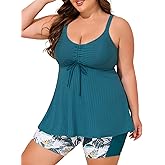 Summer Mae Plus Size Swimsuit for Women Tankini Two Piece Bathing Suit with Capris Pockets Short High Waist Swimwear