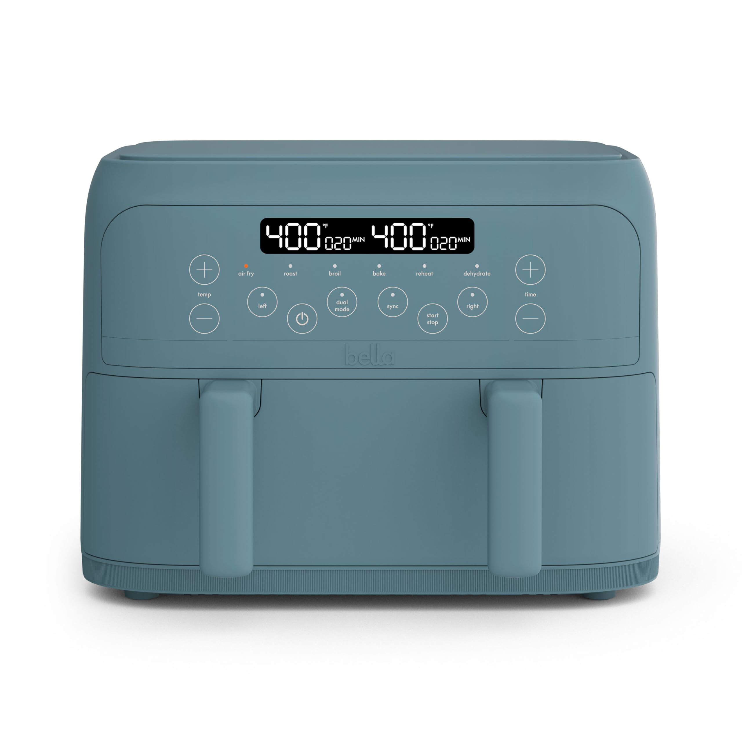 Bella Freidora de aire TriZone de 4 cuartos, revestimiento antiadherente cerámico EverGood™, diseño de canasta doble con divisor extraíble, control de pantalla táctil digital con 6 opciones de cocción preestablecidas, 1200 vatios, capacidad de 3 libras, Surf