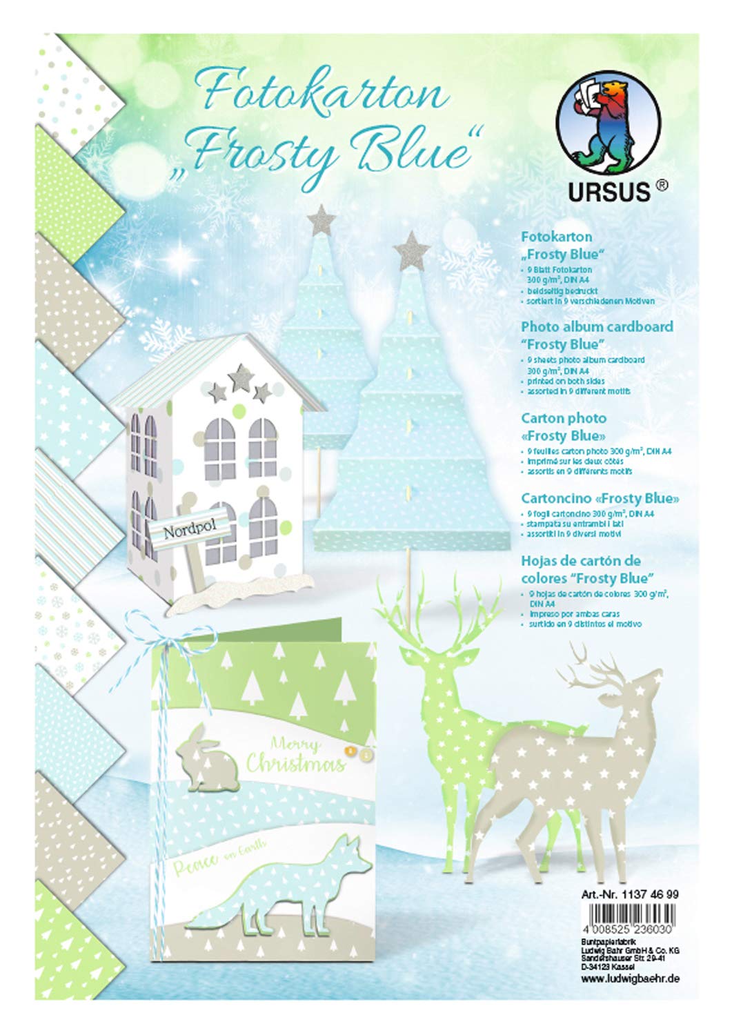 Ursus 11374699 Photo Card Frosty Blue 9 Sheets Assorted in 9 Designs 300 g/m² DIN A4 Fresh Cellulose Printed on Both Sides Colourful One Size