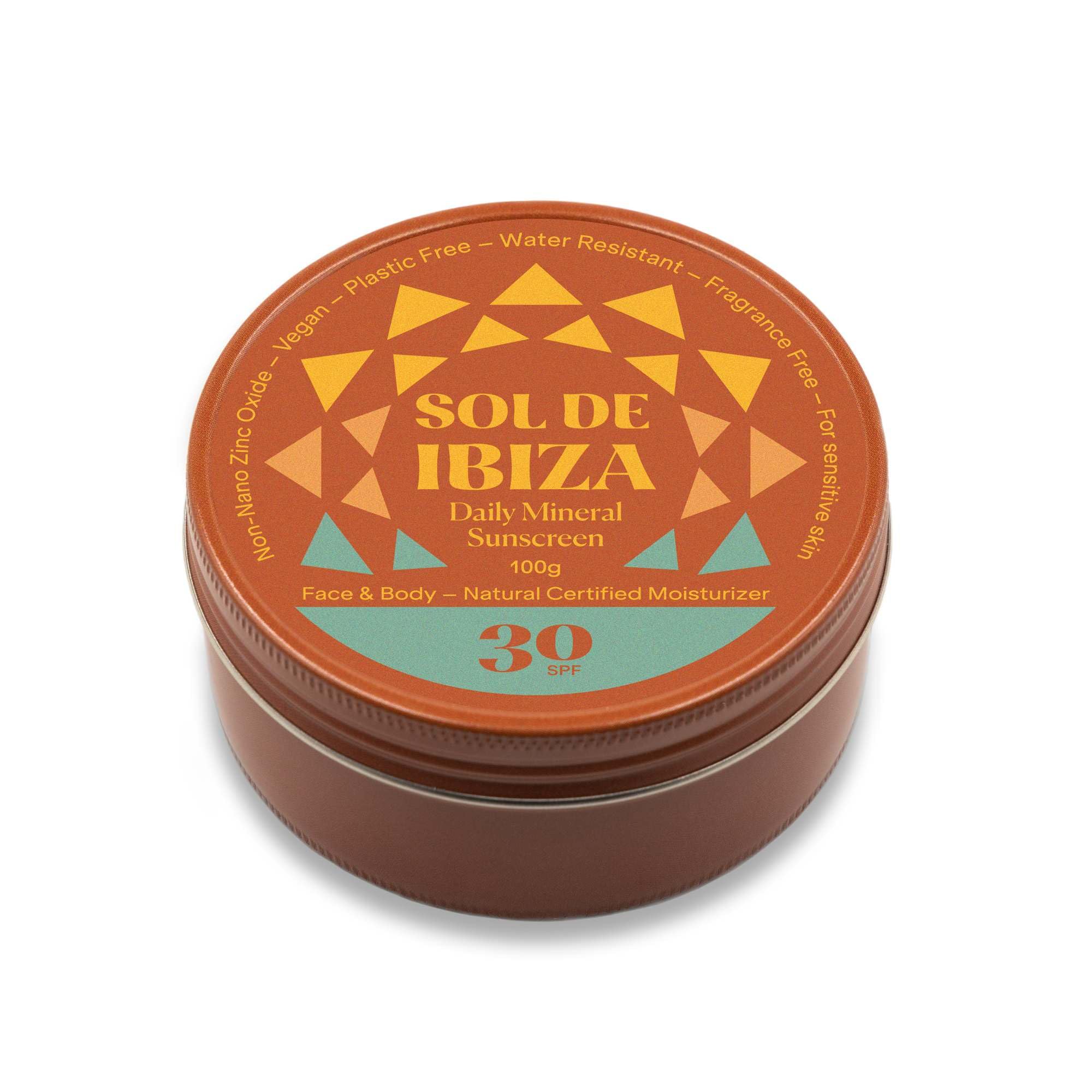 Sol de Ibiza Plastic Free - Face & Body Natural Mineral Sunscreen SPF30 - Waterless Solid Sunscreen - Natural ingredients - Non Nano zinc oxide - Vegan - Adults & Kids - 100g