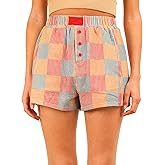 ChiyeeKiss Womens Gingham Boxer Shorts Elastic Waist Striped and Checkered Shorts Lounge Plaid Pajama Bottoms with Pockets