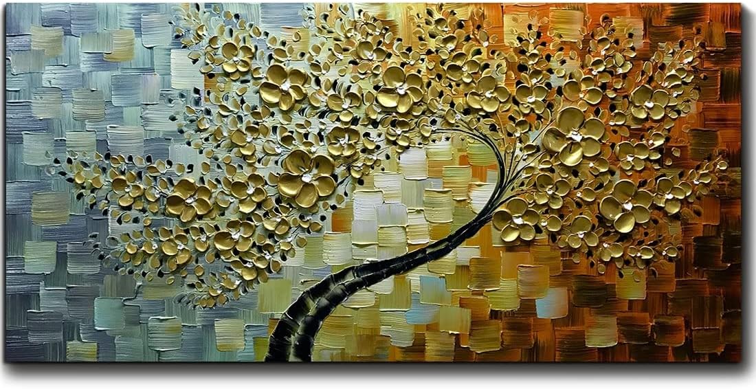 Paintings - V-inspire Art,30x60 Inch Modern Hand Painted Abstract Lucky Tree Canvas Art Golden Flower 3D Oil Painting Canvas Living room bedroom dining room Wall Decoration Wood Inside Framed Ready to Hang