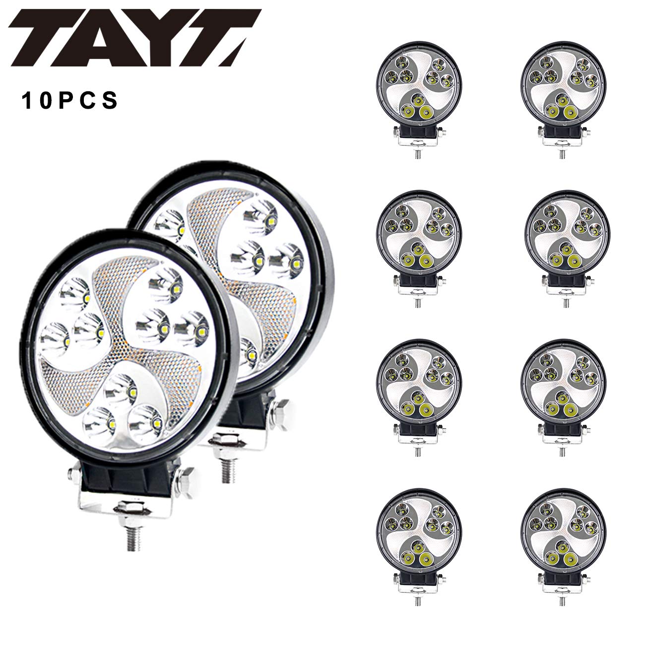 TAYT LED Light Bar 10 PCS 4.5inches LED Light Pods Flood Round Work Light Off Road Light LED Fog Light Truck Light Driving Light Boat Light Compatible for Truck Pickup SUV ATV UTV.