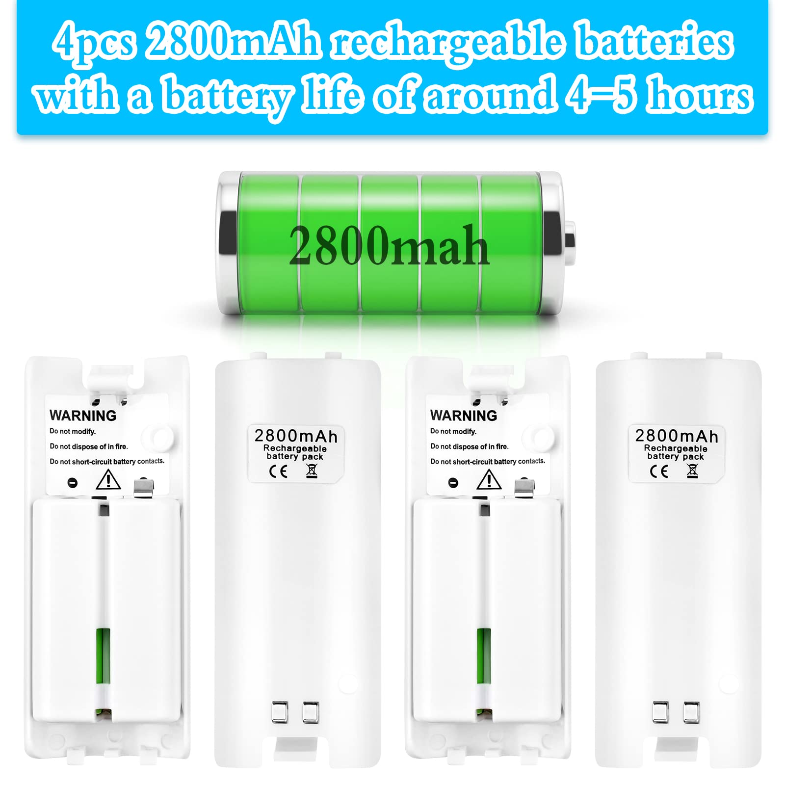Wii Remote Charging Station, 4-in-1 Controller Charger Station with 4 Wii Rechargeable Battery Pack & USB Cable for Wii/Wii U Controller Remote (White)