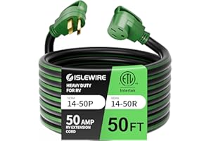 islewire 50 Feet 50 Amp RV/EV Extension Cord with Grip Handle, Heavy Duty 6/3+8/1 Gauge STW 4 Prong RV Power Cord, NEMA 14-50P/R with Cord Organizer for Tesla Model 3/S/X/Y, Black & Green, ETL Listed
