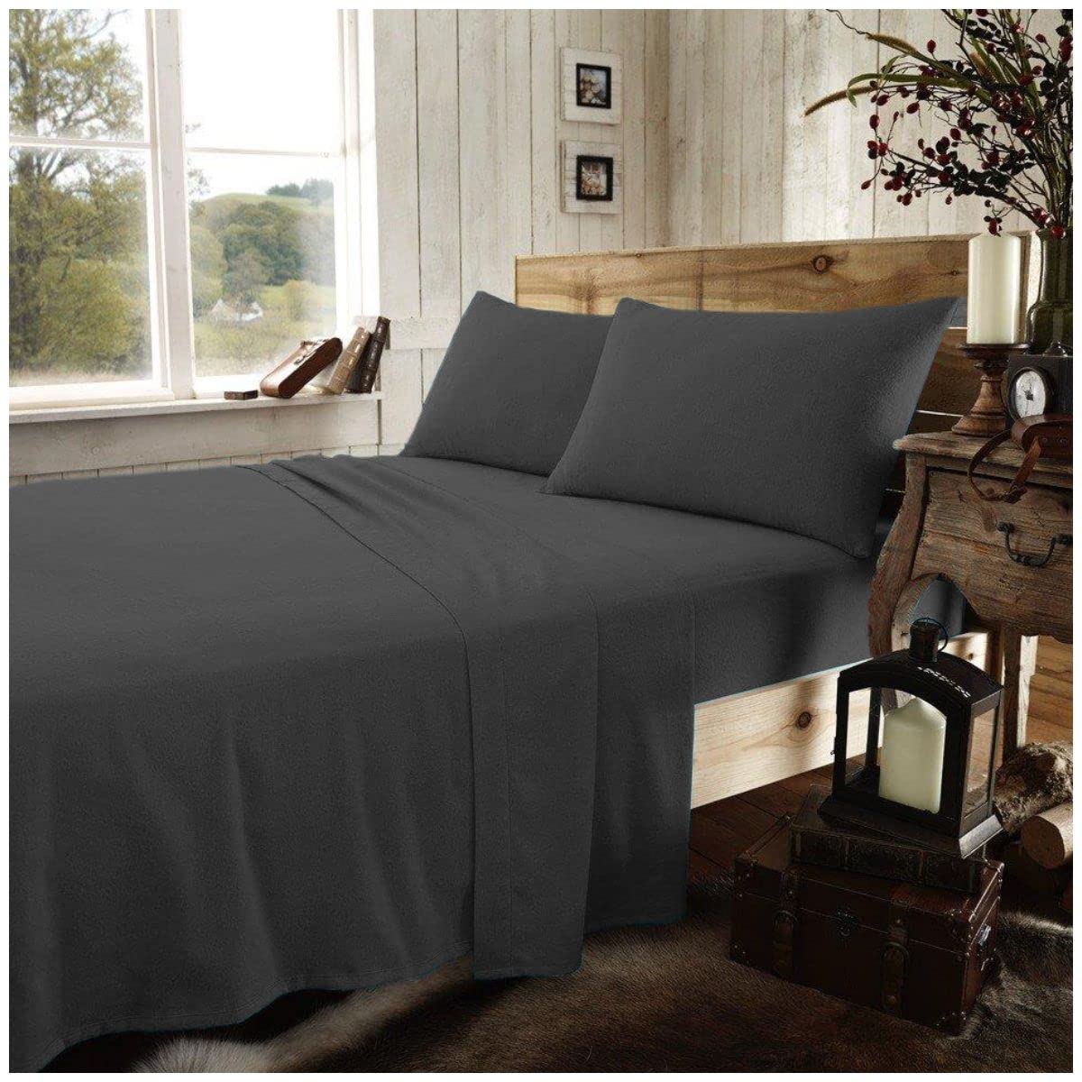 Gaveno Cavailia Easy Care Plain Dyed Flannel Fitted Sheet, 100% Brushed Cotton Accessory, Soft & Cosy Bed Linen, Charcoal, Double Size Bedsheet, 425151