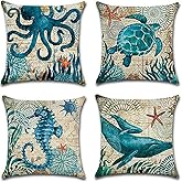 7COLORROOM Sea Theme Decorative Square Cotton Linen Coastal Pillow Cover Ocean Animal Cushion Cover 18 X 18 Inch Pillow Inserts, 4Pack Nautical Pillow Covers (Sea Turtle)