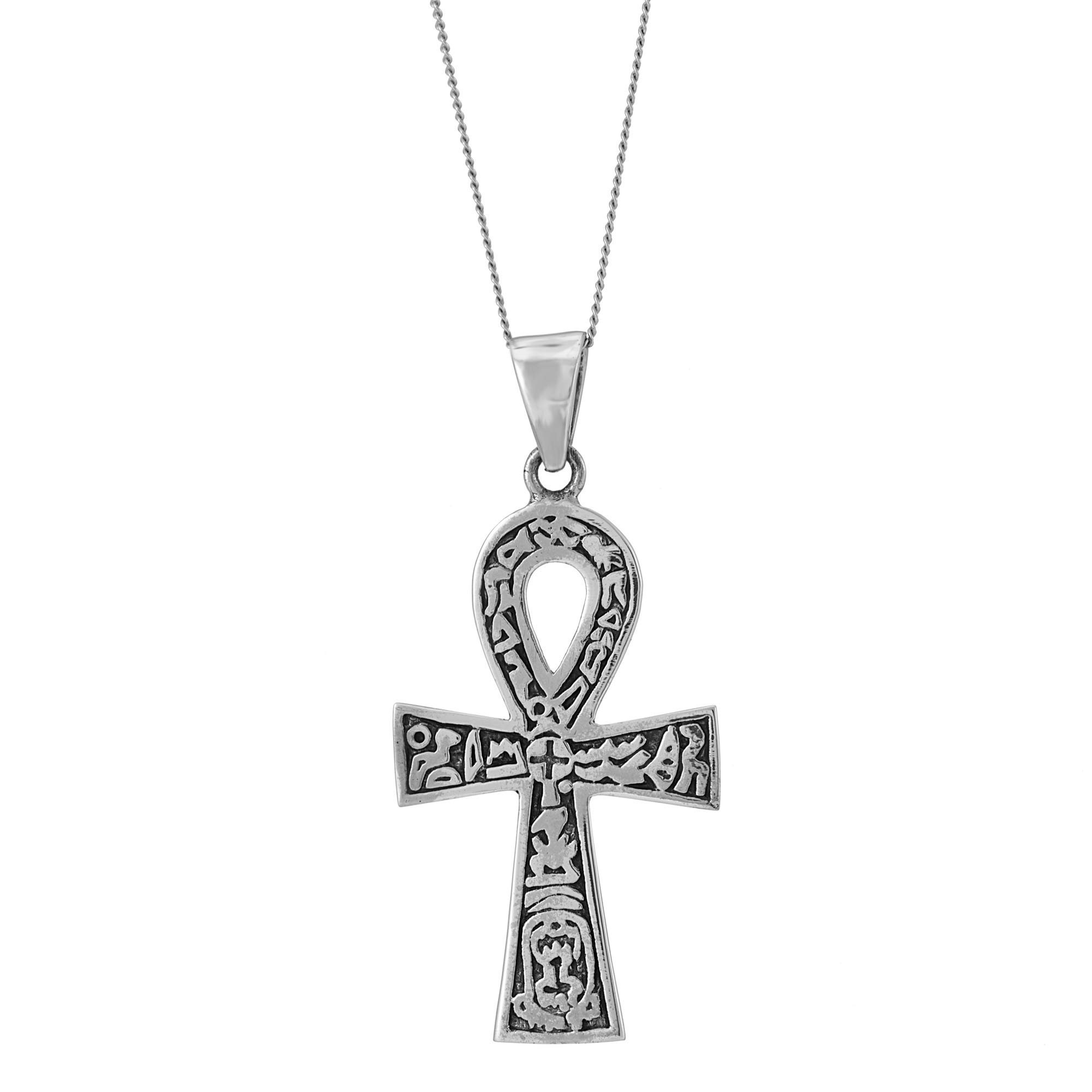 Silverly Sterling Silver Ankh Cross Necklace for Men and Women - 925 Silver Egyptian Cross Pendant on 18" Curb Chain - Spiritual Ancient Symbol Necklace - Coptic Jewellery With Hieroglyphics