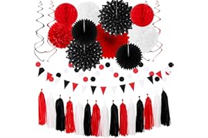 Black White-Red Party-Decorations - 33pcs Birthday Banner,Streamers Tassel Garland,Tissue Pom Poms Honeycomb,Paper Lantern Fans,Men Women Wedding Baby Shower Graduation Backdrop Supplies Decor Hugtmr