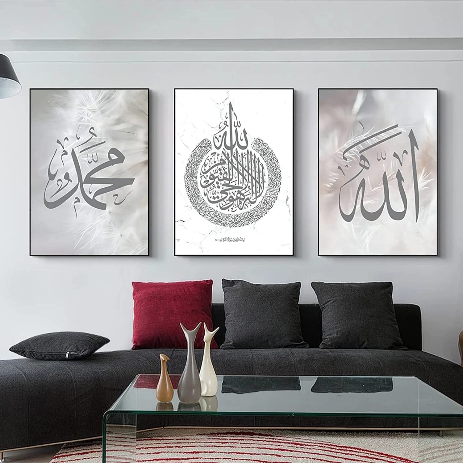 ZFTCN Islamic Arabic Calligraphy Canvas Painting, Silver Background Allah Islamic Quotes Poster Canvas Painting Pictures Decoration, No Frame (40 x 60 cm x 3)… — image 1